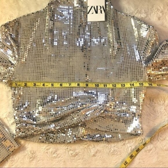 Nwt ZARA Draped Silver Sparkly Cropped Top Size XS - Picture 6 of 11